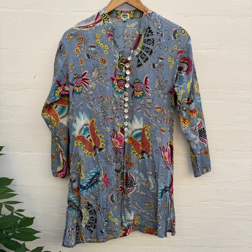 Dolma Tunic Top M Blue Floral Block Print Cotton Boho Button Down Kurta